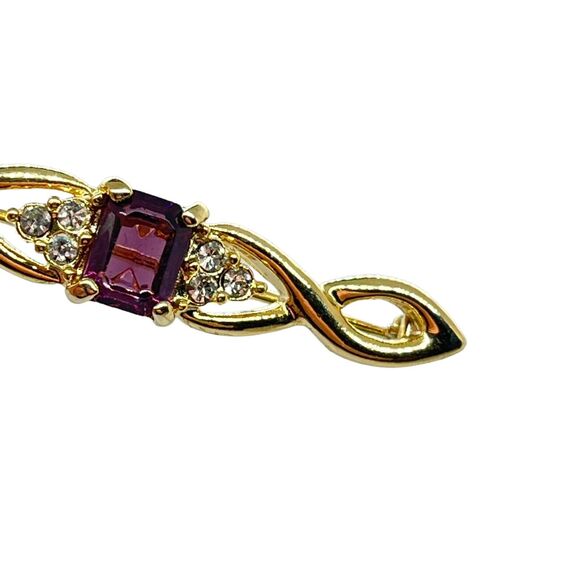 Bar Brooch Gold Tone Red and Clear Stones Vintage Secretary Librarian Retro Chic - Picture 8 of 15